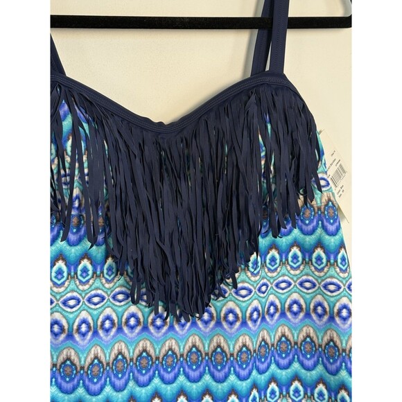 Women's Plus Size 0X  14/16 Costa Del Sol  Fringed Swim Tankini Top blue New - Picture 2 of 7
